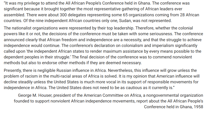 <p>The author’s opinion in the <span>third paragraph</span> regarding the caution that the United States was employing in supporting African independence movements is most directly explained in the context of which of the following developments in the immediate aftermath of the Second World War?</p>