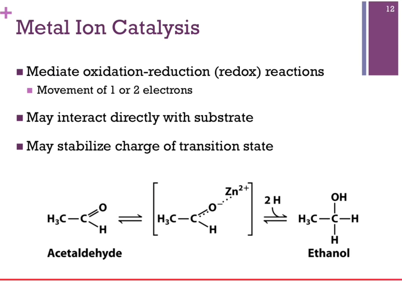 <p>Slides:<strong> Metal Ion catalysts mediate oxidation-reduction (redox) reactions (movement of 1 or 2 electrons), may interact directly with substrat</strong>e, or may stabilize charge of transition state!</p><p>Schematic: Have a <strong>positively charged zinc ion</strong>, and it’s <strong>stabilizing our carbanion intermediate</strong>.</p>