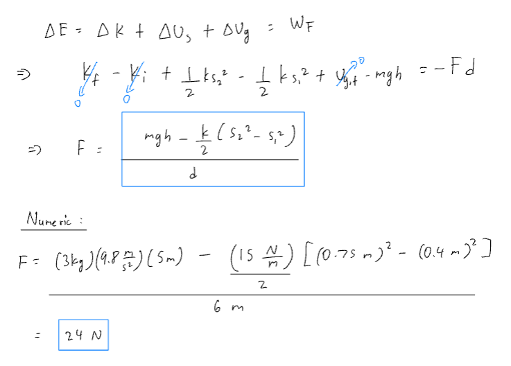 <p>use the energy equation W done by non-conserved forces = deltaE of all forces acting in the system.</p>
