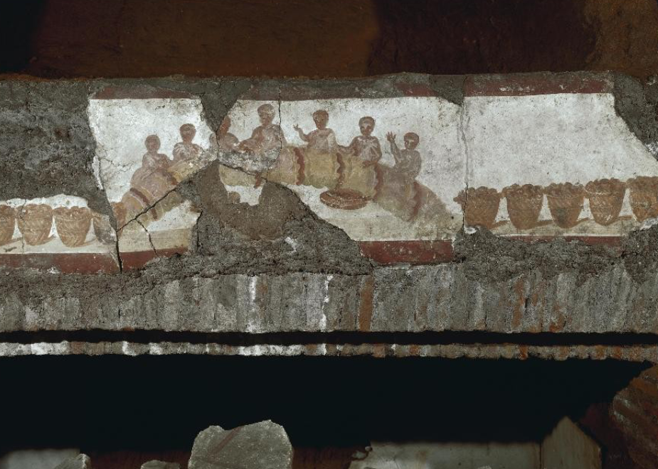 <p>Sacred Feast, fresco, Catacomb of Calixtus, Rome, 3rd c.</p>