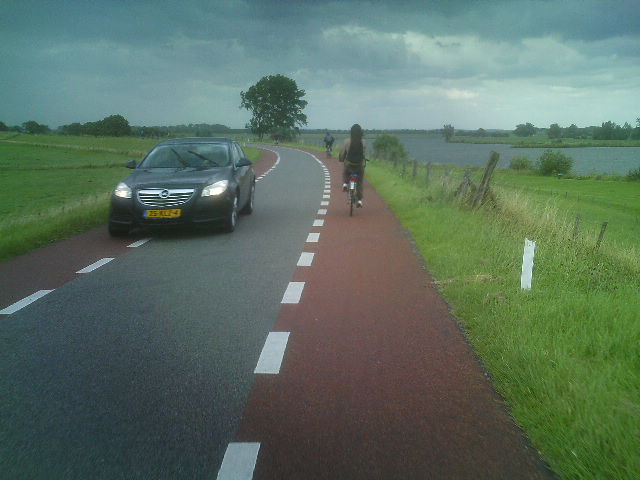 <ul><li><p>no bike symbol </p></li><li><p>you may drive on it if you need to pass traffic, for a bend with limited view, if you want to get into the right turn lane</p></li></ul><p></p>