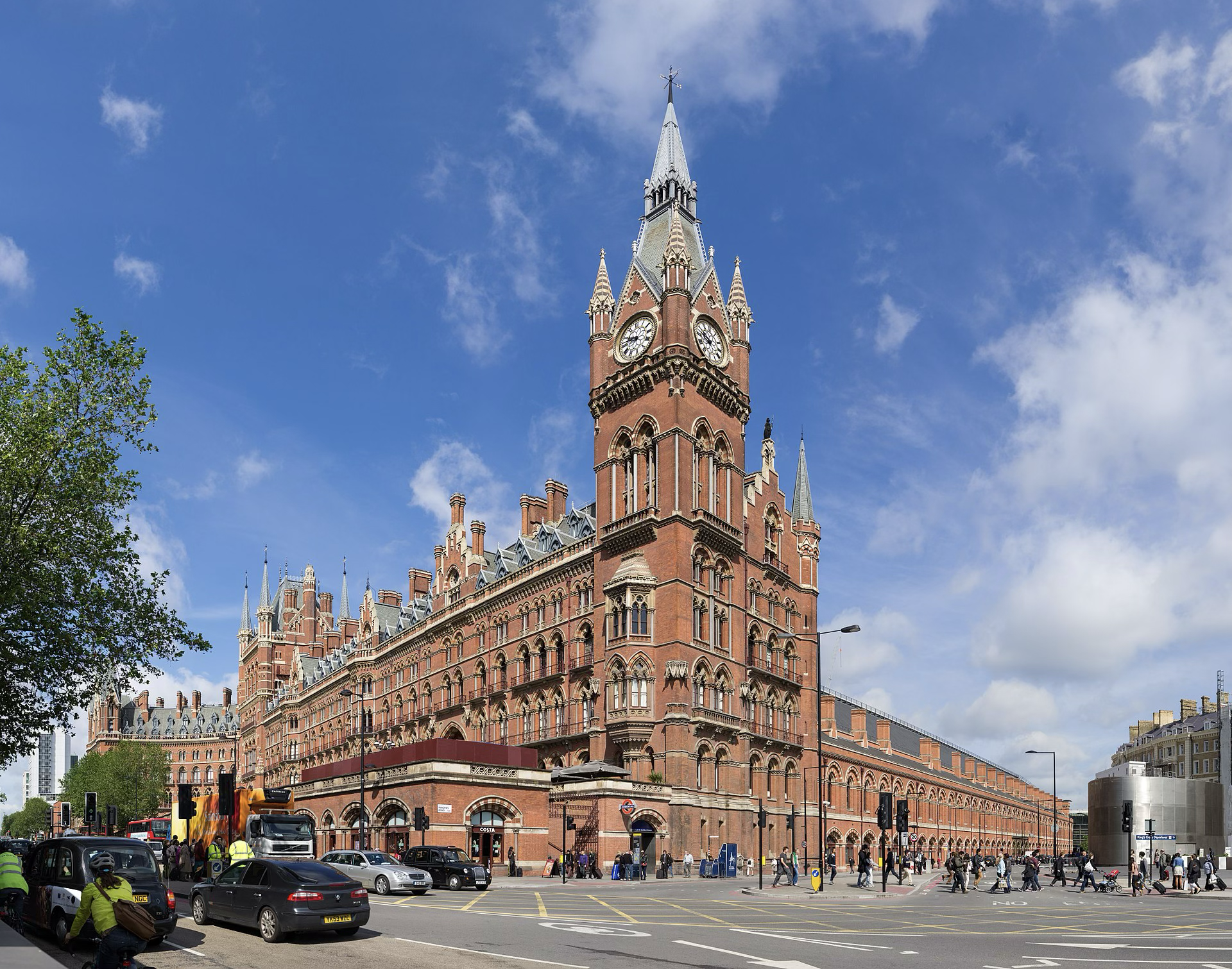 <ul><li><p><span style="background-color: transparent;">No precedent for how train stations should be designed</span></p></li><li><p><span style="background-color: transparent;">Resembles a Gothic-arch - deflects the weight outwards</span></p></li><li><p><span style="background-color: transparent;">Cast-iron and glass Gothic arch</span></p></li><li><p><span style="background-color: transparent;">Midland Hotel is made out of brick and masonry construction</span></p><ul><li><p><span style="background-color: transparent;">Gothic revival building</span></p></li></ul></li><li><p><span style="background-color: transparent;"><u>Polychromy</u> - many colors</span></p></li><li><p><span style="background-color: transparent;">Everything is wrapped in a gothic skin</span></p></li><li><p><span style="background-color: transparent;">People were not sure yet if they were ready to accept the new architectural aspects of the Industrial Revolution</span></p></li><li><p><span style="background-color: transparent;">Glass and cast-iron train station hidden by a medieval gothic building</span></p></li></ul><p></p>