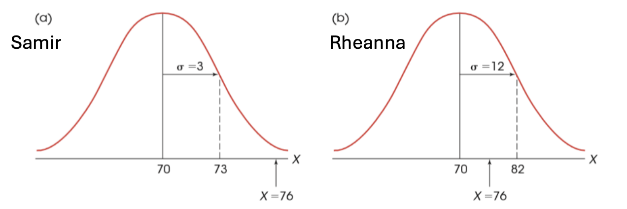 <p>Relative performance - comparisons in SD</p><ul><li><p>e.g. samir 76 is very high from the standard deviation (very high standing in the cohort)</p></li><li><p>e.g. Rheanna 76 is within tht eSD (middle standing within the cohort)</p></li></ul><p></p>