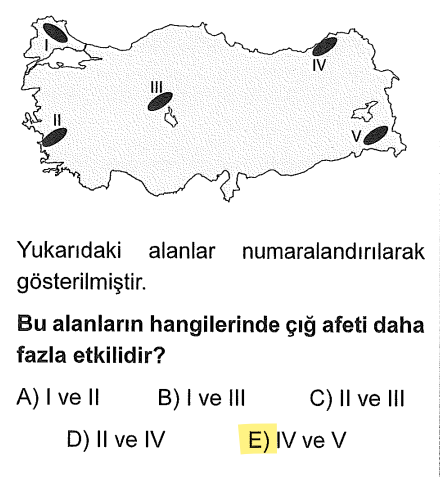 <p>Çığ olması için iki şey lazım: <strong>Çok kar yağışı</strong> ve <strong>dik yamaç (eğim)</strong>.</p><p>I (Yıldız Dağları), II (Menteşe) ve III (Tuz Gölü çevresi) yükselti veya kar miktarı bakımından çığ için uygun değildir.</p><p><strong>IV (Doğu Karadeniz)</strong> ve <strong>V (Hakkari çevresi)</strong> Türkiye’nin en dağlık ve en çok kar alan yerleridir.</p>