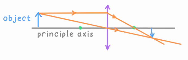 <ul><li><p>Draw 2 rays from the top of the object</p><ul><li><p>One going through the centre of the principle axis</p></li><li><p>One going parallel into the principle axis and then through the principle focus</p></li></ul></li><li><p>Where these lines meet is the top of the real image which will be inverted</p></li></ul><p></p>