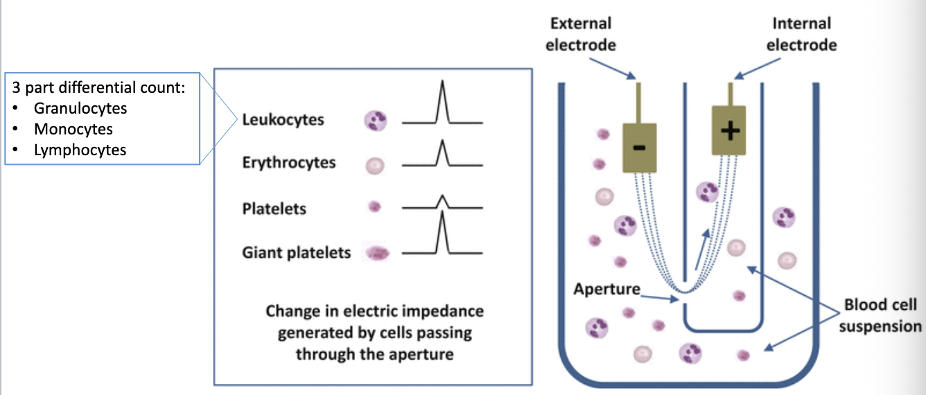 <p>Cells pass through an aperture → cause a change in electrical impedance → the change is detected and used for cell counting/classification</p>