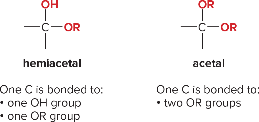 <p>has two OR groups bonded to the same carbon</p>