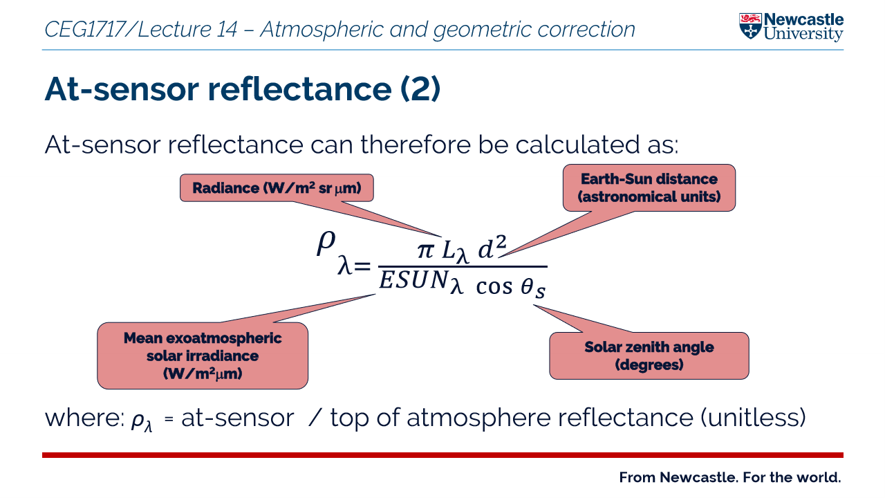 <p><strong>At sensor</strong> = radiance or reflectance is the raw measurement made by the sensor including atmospheric effects </p><p><strong>At sensor radiance</strong> = <span>refers to the measurement of the intensity of electromagnetic radiation emitted or reflected from a surface by a sensor.</span></p><p><strong>At sensor reflectance</strong> = the measurement we usually want - the reflectance of the ground surface with any atmospheric influence removed </p>