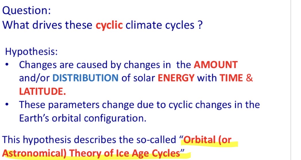 <p>COMPARE orbital configurations that favor glaciation versus those that favor deglaciation</p><p>Variation in which of these orbital parameters can change the annual average amount of solar radiation received by Earth? How circular vs elliptical it is.</p>