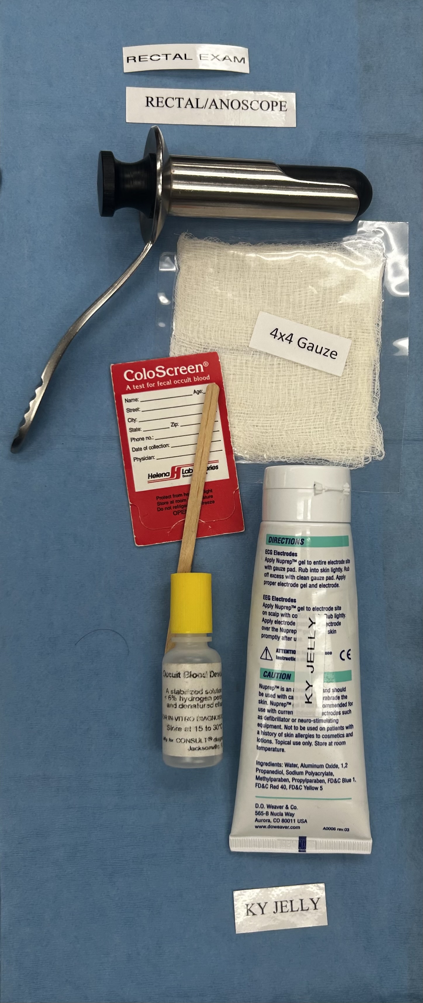 <ol><li><p><span style="color: blue;">rectal/anoscope</span></p></li><li><p><span style="color: blue;">4×4 gauze</span></p></li><li><p><span style="color: blue;">coloscreen with stick</span></p></li><li><p><span style="color: blue;">occuit blood developer</span></p></li><li><p><span style="color: blue;">ky jelly</span></p></li></ol><p></p>