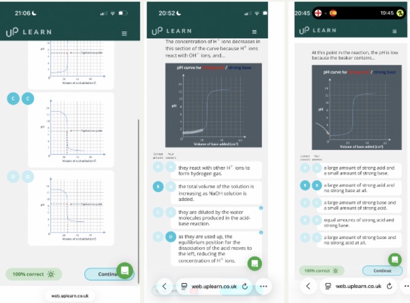 <ol start="2"><li><p>Logarithmic (which means the concentration of H+ ions at a lower pH level like 1 is 10X the concentration of H+ ions in the pH level directly higher like pH2.)</p></li><li><p>The OH- ions react with the H+ and this decreases the H+ ions present in the solution which causes pH to increase. Another reason is because the total volume increases as base is added which reduces the concentration of H+ ions</p></li><li><p>B (why it isn’t A- Neutralization has occurred, so an equal number of moles have been added. However, the concentrations of the solutions are different, so different volumes of the two solutions have been added.)</p></li><li><p>A,C,E</p></li></ol><p></p>