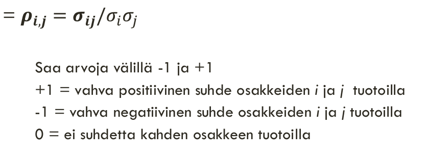 <p>osakkeiden i ja j välillä. Saa arvoja välillä -1 ja +1. +1 vahva pos suhde, -1 vahva neg suhde, 0 ei suhdetta</p>