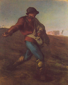 <p><strong>Identification:</strong></p><ul><li><p>Artist: Millet</p></li><li><p>Title: <em>The Sower</em></p></li><li><p>Date: 1850</p></li><li><p>Movement: Realism</p></li></ul><p><strong>Historical Context:</strong></p><ul><li><p>The painting was created during a time of political instability and fear of peasant uprisings in France.</p></li><li><p>Images of strong rural workers could be interpreted as both admirable and potentially threatening.</p></li></ul><p><strong>Style:</strong></p><ul><li><p>The figure is large and dynamic, with exaggerated movement that emphasizes physical strength.</p></li><li><p>The background is simplified, keeping focus on the action of sowing seeds.</p></li><li><p>The dramatic lighting enhances the figure’s presence and importance.</p></li></ul><p><strong>Themes:</strong></p><ul><li><p>The painting represents labor, growth, and the cycle of life.</p></li><li><p>It emphasizes the strength and importance of the working class.</p></li><li><p>The figure can also be interpreted as a symbol of potential change or unrest.</p></li><li><p>The work reflects both admiration and anxiety toward peasant laborers.</p></li></ul><p></p>