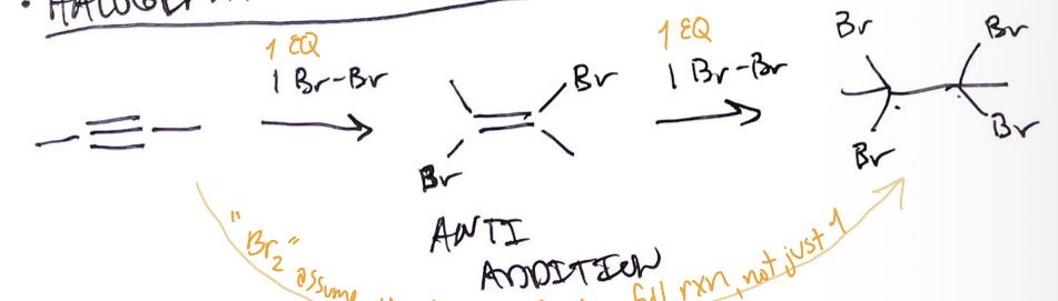 <p>X2 + alkyne → anti addition of X on alkene + X2 → second anti addition of X on alkane</p>