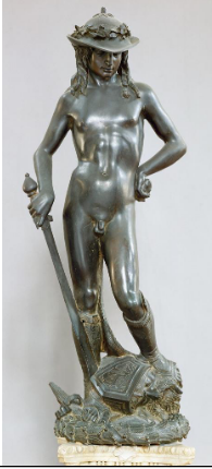 <p>Donatello,. 1440-1460, bronze</p><p>-t is the first freestanding nude sculpture since antiquity and one of the earliest works to fully express the ideals of the early Renaissance.</p><p>-shows David in a different light as well, rather than a grown man, he is a young teenage boy</p><p>-Shows Donatello’s mastery of lost-wax casting techniques </p>