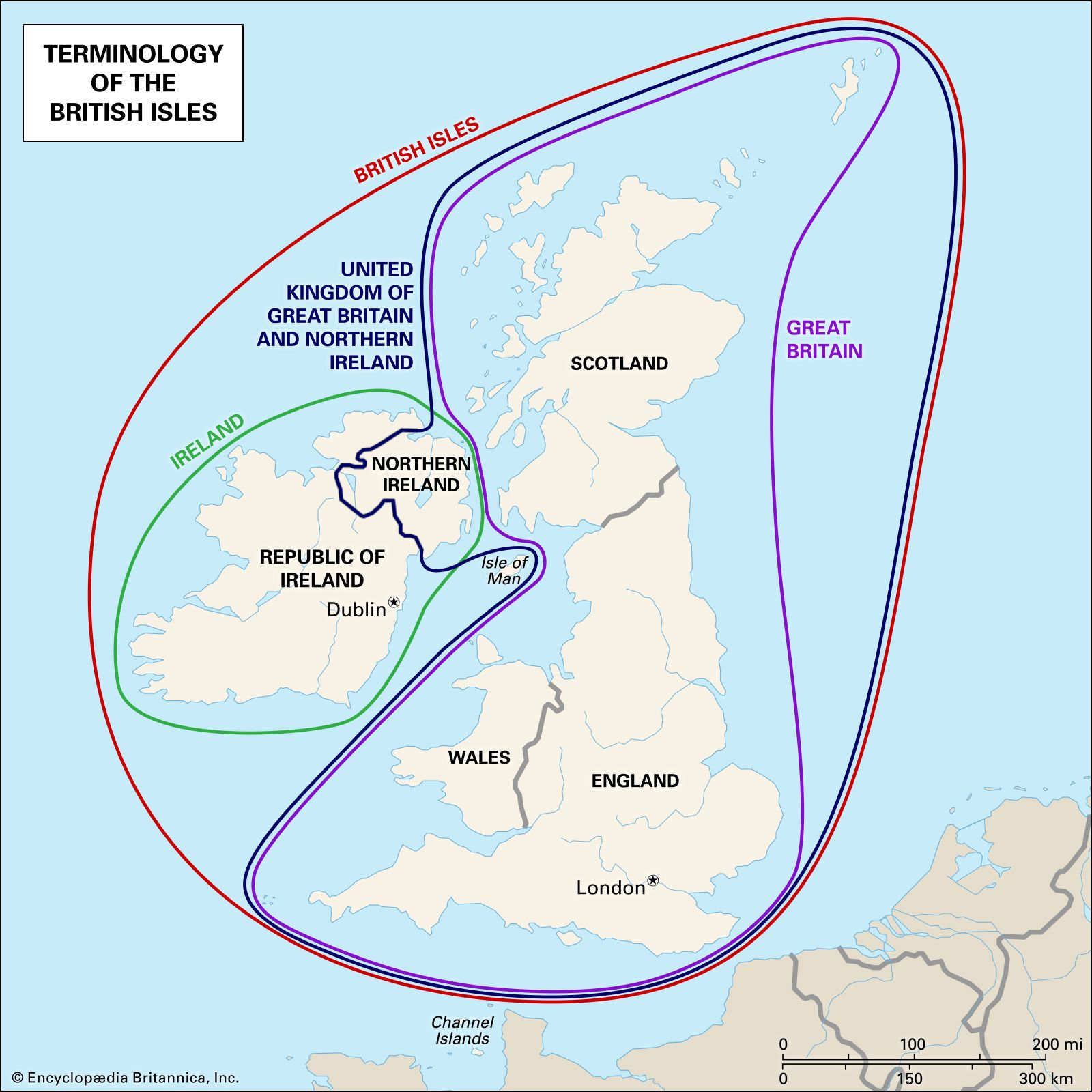 <ul><li><p><span style="background-color: transparent;">UK = Britain’s constitutional title (political construct): United Kingdom of Great Britain and <u>Northern </u>Ireland -> EXCLUDES: Ireland, the isle of Man</span></p></li><li><p><span style="background-color: transparent;">Great Britain: geographical construct for England, Scotland and Wales (EXcluding: Northern Island)</span></p></li><li><p><span style="background-color: transparent;">Britain: shorthand for sth (could be UK, could be GB, could be less). Often used by sb from England speaking for themselves and loosely expanding to beyond England -> may trigger bad emotions in (Northern) Ireland</span></p></li></ul><p></p>