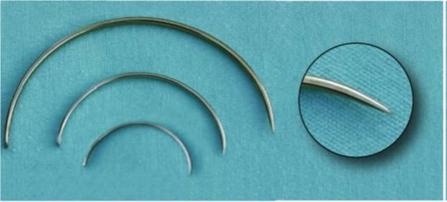 <p>-round body that tapers into a sharp point</p><p>-penetrate &amp; spread tissue without cutting it</p><p>-primarily used for suturing soft tissue (muscle, sub-q, peritoneum, dura, gastrointestinal, genitourinary, biliary and vascular tissue</p>