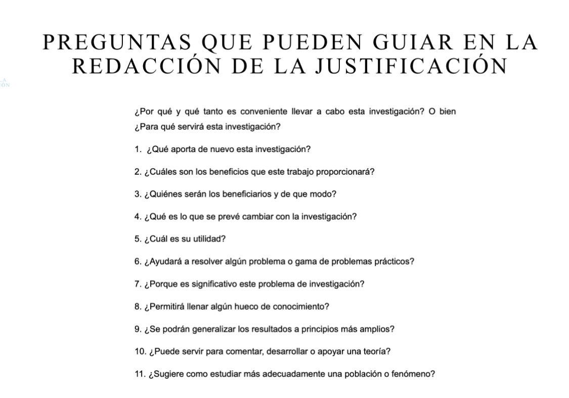 <p>Consiste en argumentar en favor de la necesidad, urgencia y utilidad de realizarla. </p><ul><li><p>Es necesario justificar el estudio mediante la exposición de sus razones </p></li><li><p>Demostrar que el estudio es necesario e importante </p></li></ul><p></p>