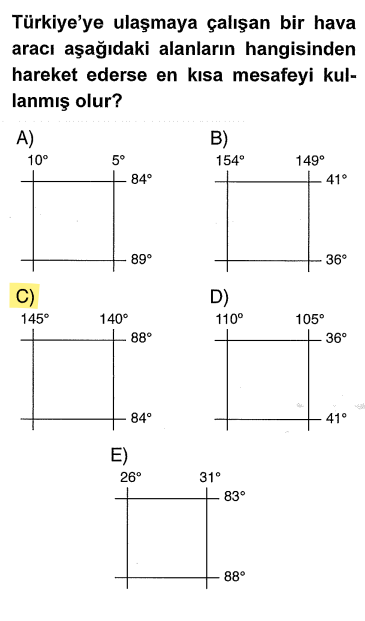 <p>Türkiye 36°-42° Kuzey arasındaydı. Yani bu araç zaten Türkiye ile <strong>aynı enlemde</strong> (aynı hizada). Sadece boylam olarak doğuda kalıyor. Diğer şıklar (A, C, E) kutuplarda veya Güney Yarım Küre'de olduğu için çok daha uzaktır.</p>