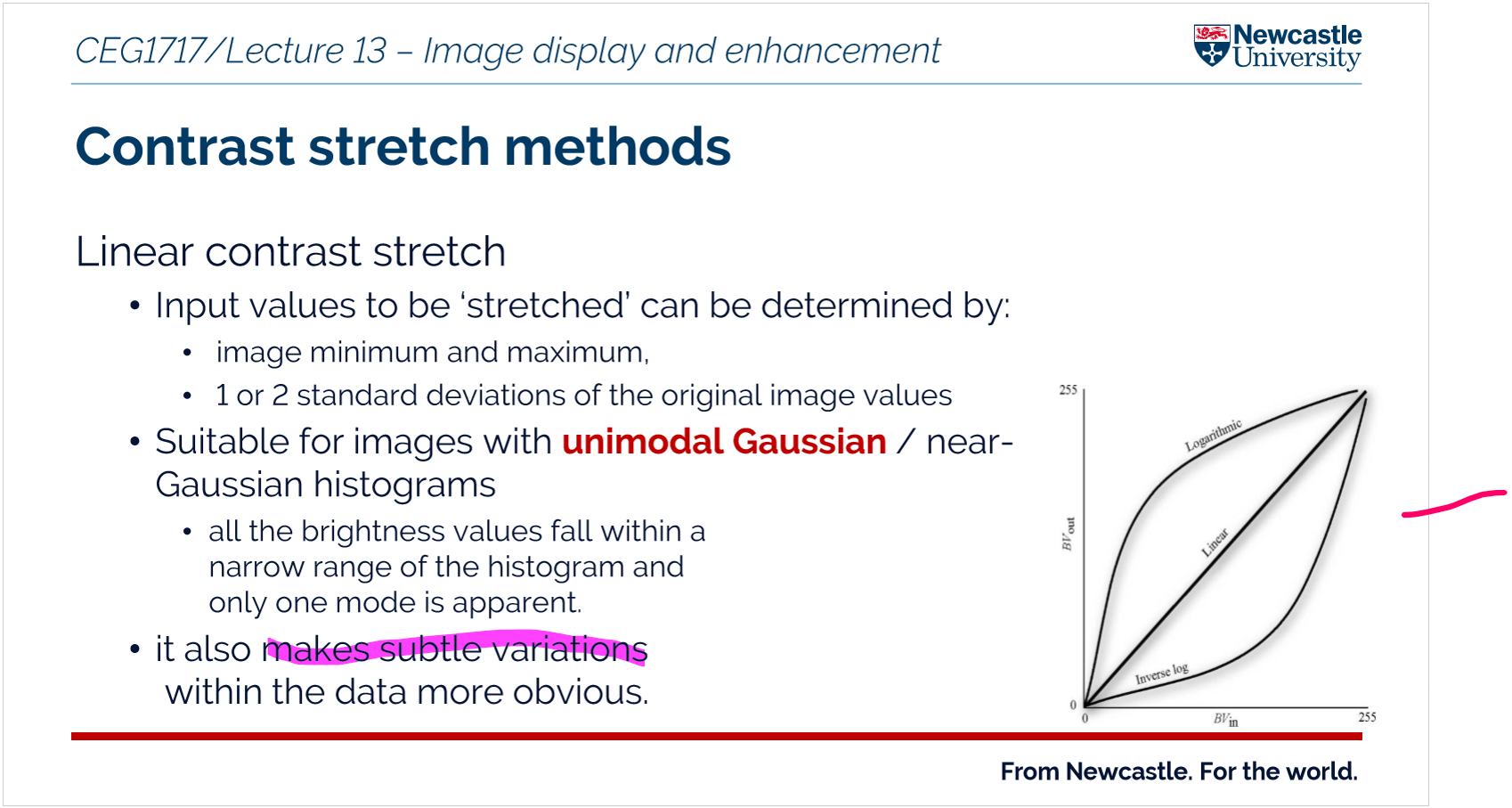 <ul><li><p>Linear contrast stretch = <span style="background-color: fuchsia;">Exbands the range of pixel brightness values linearl</span><span>y so that the image uses the full display range = this improves the visibility of features in the image</span></p></li><li><p><span>non linear = </span>an image enhancement technique in which pixel values are redistributed using a non-linear transformation so that <strong>certain ranges of brightness are expanded more than others, improving the visibility of specific features in a digital image.</strong></p></li></ul><p></p>