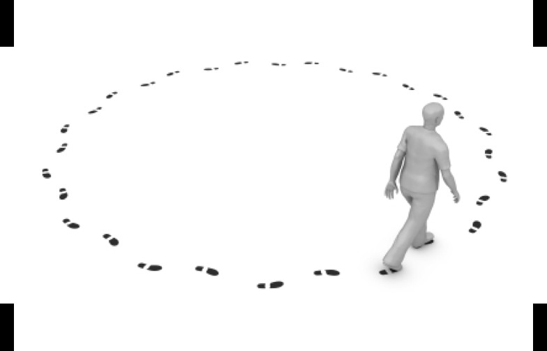 <p>One participant keeps explaining the same point over and over again, even though everyone already understands it.</p><p>What is he doing? Use a phrasal verb.</p>