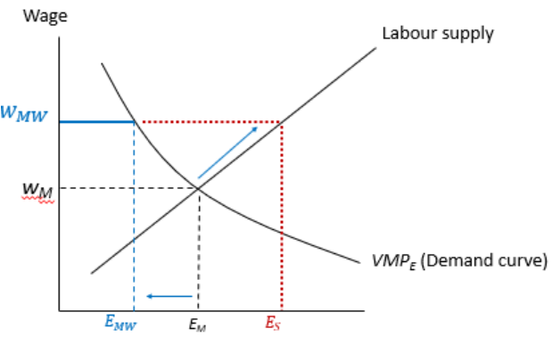 <p>How many workers lose their jobs is determined by the elasticity of labour demand</p><p>> If > 1, then the job losses will outweigh the gain in wages and welfare will be lower</p>