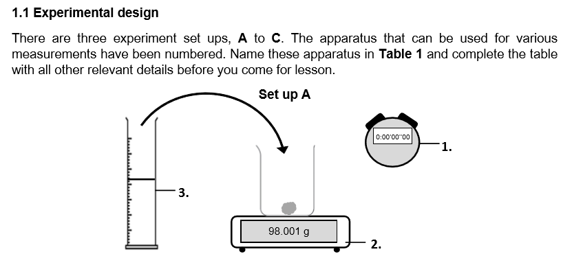 <p>What do you think is the purpose of this set up? Which apparatus is essential for this purpose? (_ the _ of a _ by _ the decrease in _ _ _. _ is an essential apparatus for investigating experiments involving _.)</p>