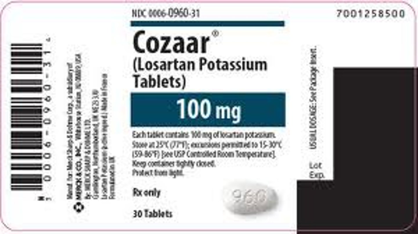 <p>Generic Name: Losartan</p><p>Therapeutic Class: Angiotensin II receptor blocker</p><p>Indication: High blood pressure; kidney disease in patients with diabetes; reduce the risk of stroke in patients with high blood pressure</p>