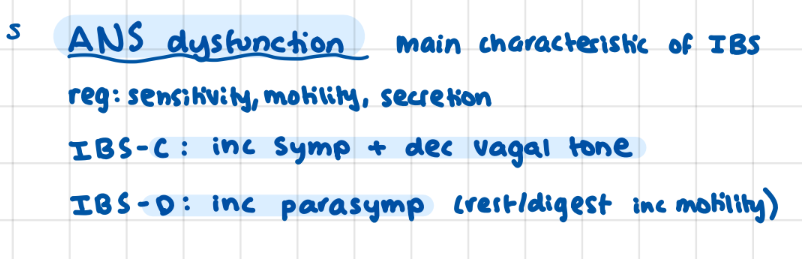 <p>main characteristic of IBS, C: inc sympathetic + vagal tone, D: inc parasymp</p>