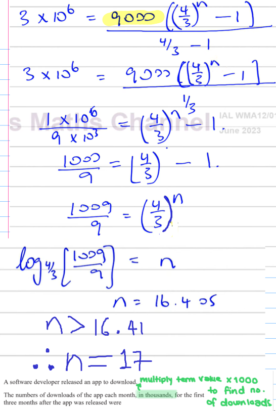 <p>it’s 17 cuz at 16  → 2.6 mill<br>but at n =17 → 3.5 mill (thus 3 mill exceeded)<br><br>NOTE: <strong><mark data-color="yellow" style="background-color: yellow; color: inherit;">if Q. says in thousands or in millions, ALWAYS MULTIPLY BY THAT</mark></strong> <br> (or else you’ll get -1 or -2)</p>