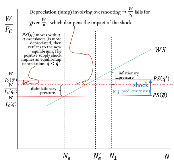 <p>positive supply shock via PS (ws curve)</p>