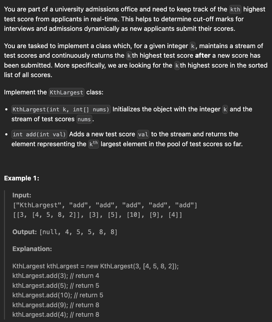 <p><strong>Kth Largest Element in a Stream</strong></p>