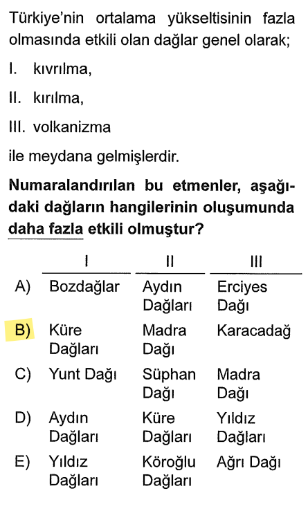 <p><strong>Küre Dağları:</strong> Karadeniz’de antiklinal yapılı bir kıvrım dağıdır.</p><p><strong>Madra Dağı:</strong> Ege’de "horst" dediğimiz kırık bir yapıdadır.</p><p><strong>Karacadağ:</strong> Güneydoğu Anadolu’da yayvan bir volkan konisidir.</p>