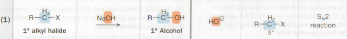 <ul><li><p>Na—OH</p><ul><li><p>any base with an OH<sup>-</sup></p><ul><li><p>The OH is the nucleophile</p></li></ul></li></ul></li><li><p>S<sub>N</sub>2</p></li></ul><p></p>