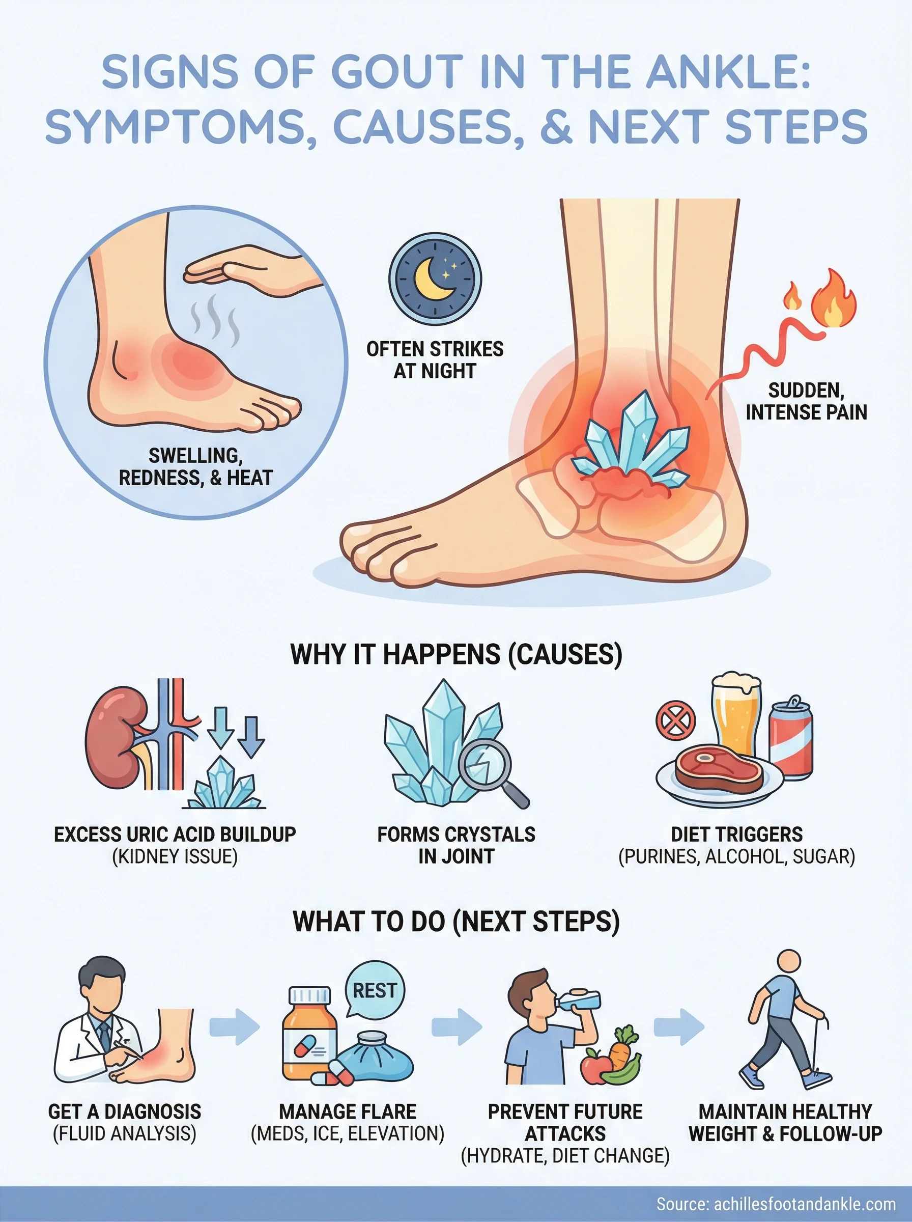 <ul><li><p>sudden onset, often during night</p></li><li><p><strong>redness, pain at base of big toe</strong></p></li><li><p>limited ROM, development of<strong> tophi</strong> possible</p></li><li><p>urate crystals accumulate in joint</p></li><li><p>tx: ice, elevation, <strong>diet low in purines</strong>, exercise, NSAIDs, corticosteroids, meds that target uric acid production/excretion </p></li></ul><p></p>