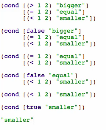 <p>cond expressions are evaluated all on the same sort of level, so while the first statement may be false, its not going to just return a false and quit. each question however must produce a boolean, which makes it move on to the next.</p><p>basically, if the first question is not a value, it should be a evaluated and replaced with its value, i.e. replace the entire cond expression with the exact same thing, but have the first Q/A pair as just false</p><p>if the first question is true or an else expression, replace the entire cond expression with the first answer.</p><p>if its false, replace the expression with a cond that doesn’t have the first Q/A pair, and start over.</p><p>an error will be thrown if there is no Q/A pairs in the expression, or if a boolean isn’t produced by the questions</p>