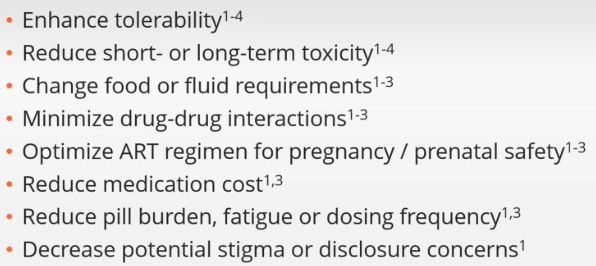 <p>Most studies have studied switches after at least 6 months of stability on their current regimen. E.g. probably not a good idea to switch too often.</p><p></p><p>AND YOU NEED TO REVIEW FULL ART HISTORY, including FAILED ART, CUMULATIVE RESISTANCE TESTS, AEs.</p><p>AND continue HBV treatment in HIV/HBV co-infection</p><p>AND check DDIs with ART you are considering and their drug list</p><p>AND check pregnancy status or potential</p>