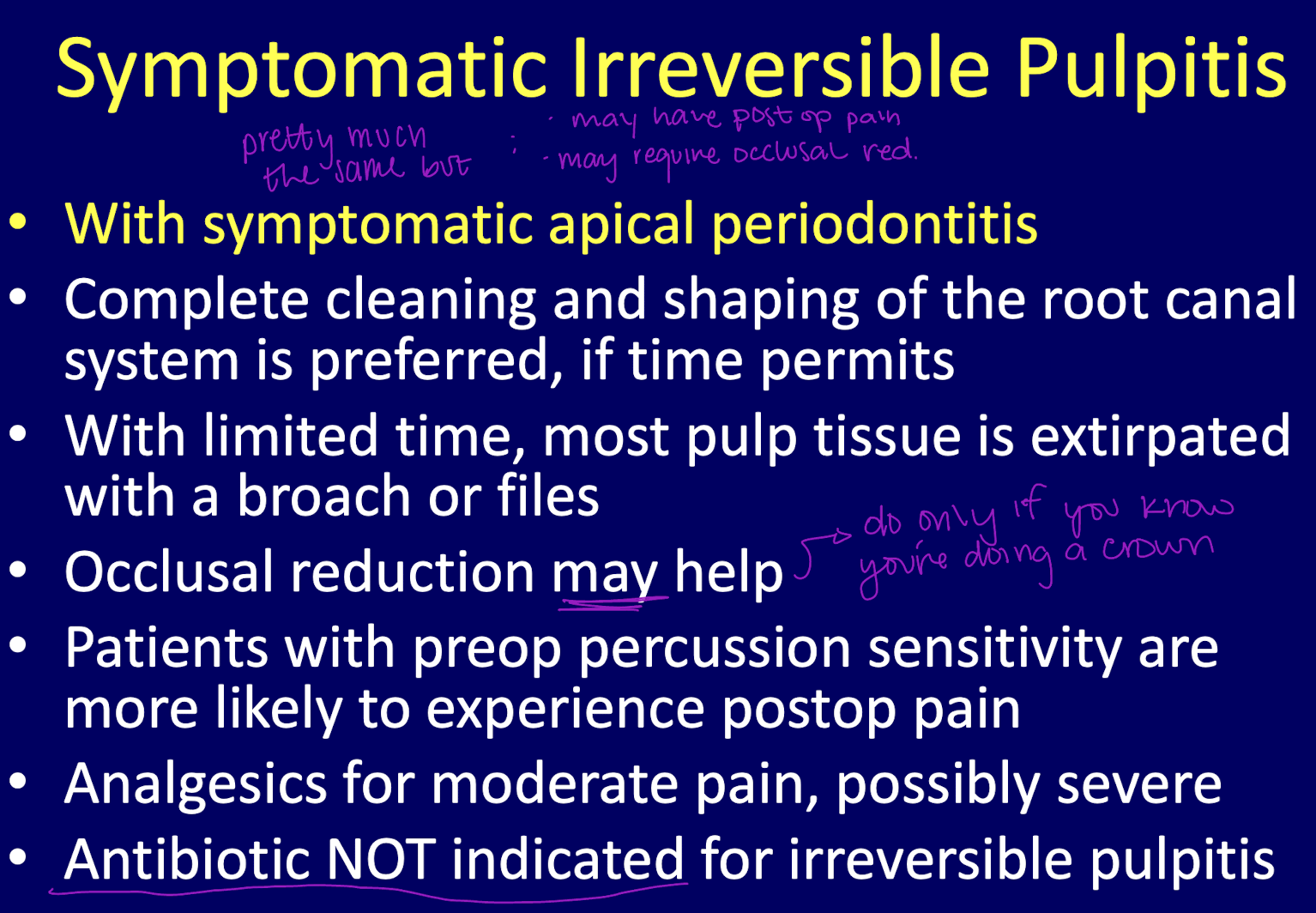 <ul><li><p>more likely to experience postop pain </p></li><li><p>may require occlusal reduction → fine cause will probs require crown </p></li></ul><p></p>