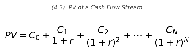 <p>PV = C_0 + \dfrac{C_1}{1+r} + \dfrac{C_2}{(1+r)^2} + \cdots + \dfrac{C_N}{(1+r)^N}</p>