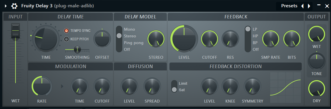 <p>In Fruity delay three (to the far right) the wet controls the ? of the echoes</p>