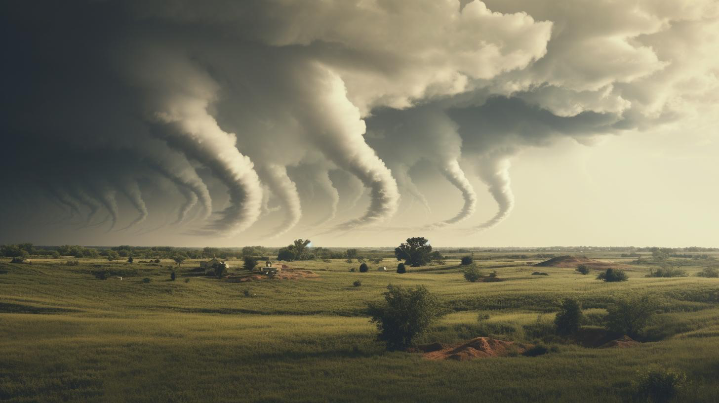 <p>(n) Violently rotating columns of air that extend from a thunderstorm to the ground.</p>