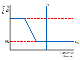 <p>y axis: Policy rate </p><p>x axis: reserve quantity</p><p>curves: reserves demand curve and reserves supply curve </p><p>floor: IOR</p><p>ceiling: discount rate</p>