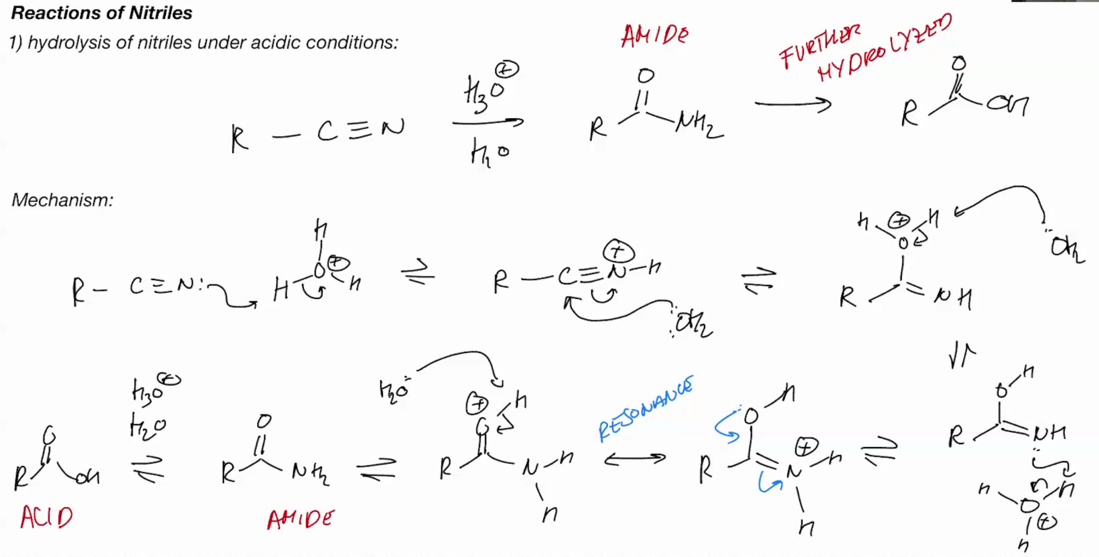 <p>Hydrolysis of nitriles (ACIDIC CONDITIONS) (SKILS AMIDE GOES TO CARBOXLYLLIC ACID)</p>