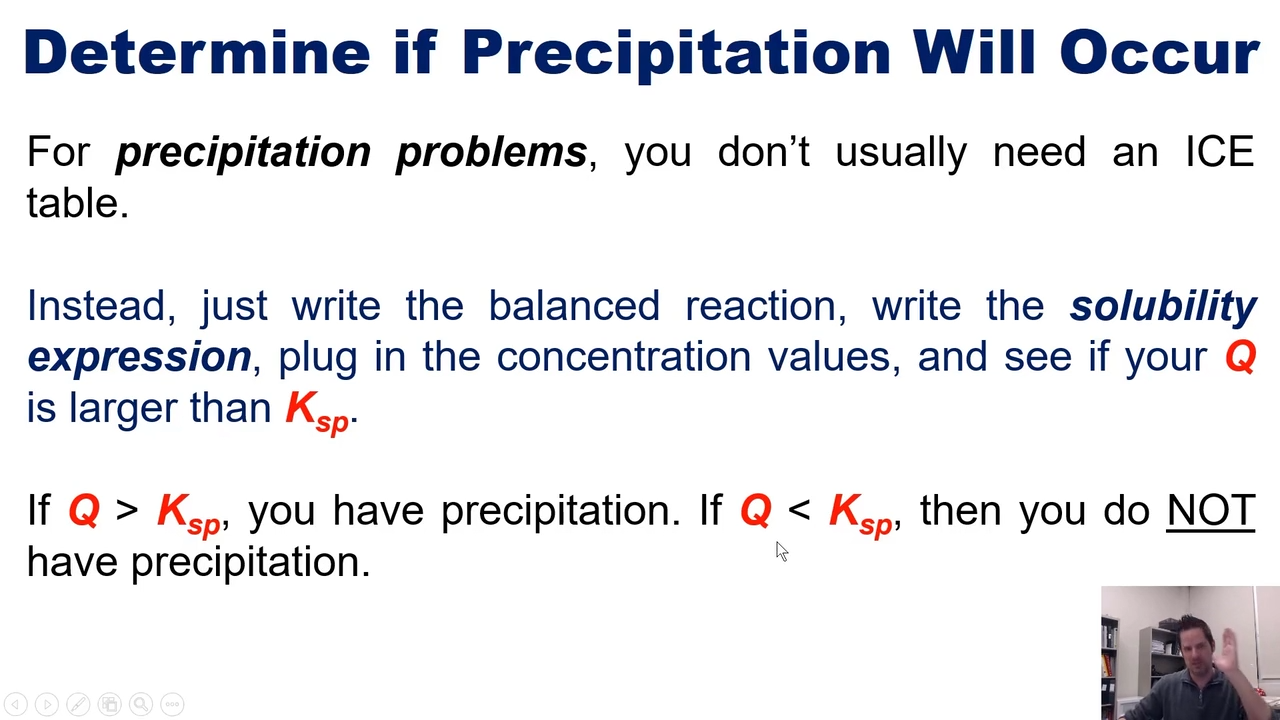 <p>if Q>Ksp, precipitiation</p><p>if Q<Ksp, no precipitiation</p><p></p><p>IE, if more products, preciptation </p>