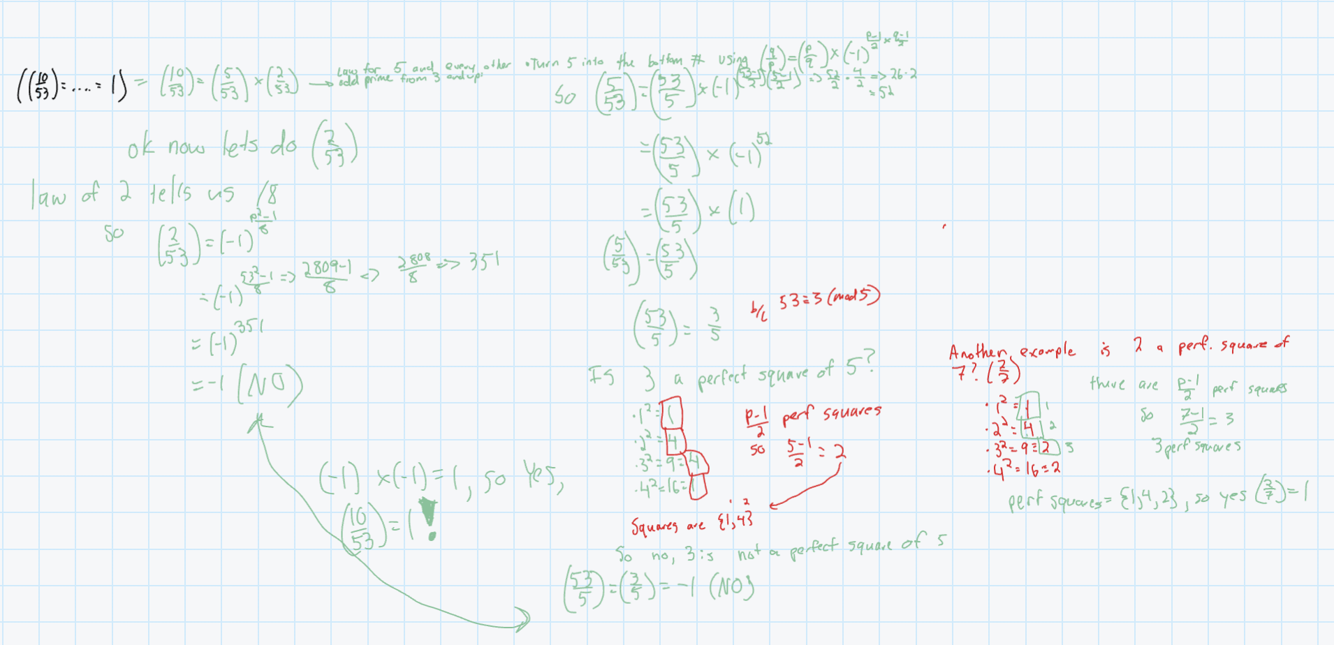 <p>True, we can break (10/53) into (2/53)x(5/53) then use the law for 2 and the flip rule for 5 (quadratic reciprocity) and hope that the combonation of congruences is (1)yes x (1)yes or (-1)No x (-1)No so that the final answer =1</p>