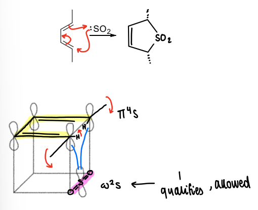 <p>Cycloadditions with two sigma bonds formed/broken to the same atom.</p><ul><li><p>The SO2 molecule can be displayed on one side of the cube.</p></li></ul><p></p>