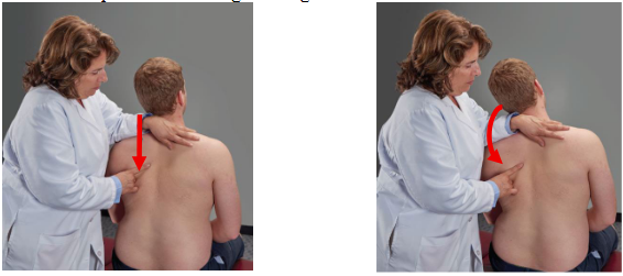 <ol><li><p>Patient seated; stand on LEFT (tight side).</p></li><li><p>Right hand monitors tight paraspinal muscle.</p></li><li><p>Left forearm on patient's left shoulder.</p></li><li><p>Left hand on patient's right shoulder.</p></li><li><p>Patient sits tall → neutralize kyphosis.</p></li><li><p>Apply caudad + posterior compression → extend + SB LEFT (toward tight side).</p></li><li><p>Hold at maximal relaxation 3–5 sec.</p></li><li><p>Release → neutral → retest.</p></li></ol><p></p>