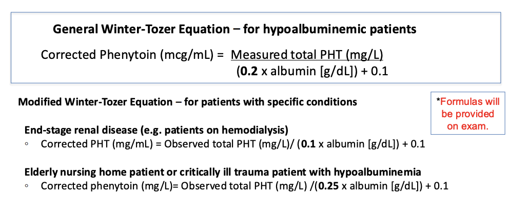 <p>FM was IV loaded with phenytoin and started on an appropriate NG phenytoin maintenance dose. His vitals and labs remain as above. His phenytoin trough level comes back at 9 mg/L. The doctors request your assessment and recommendation regarding his phenytoin therapy. Which Winter-Tozer equation is the most appropriate to use? </p>