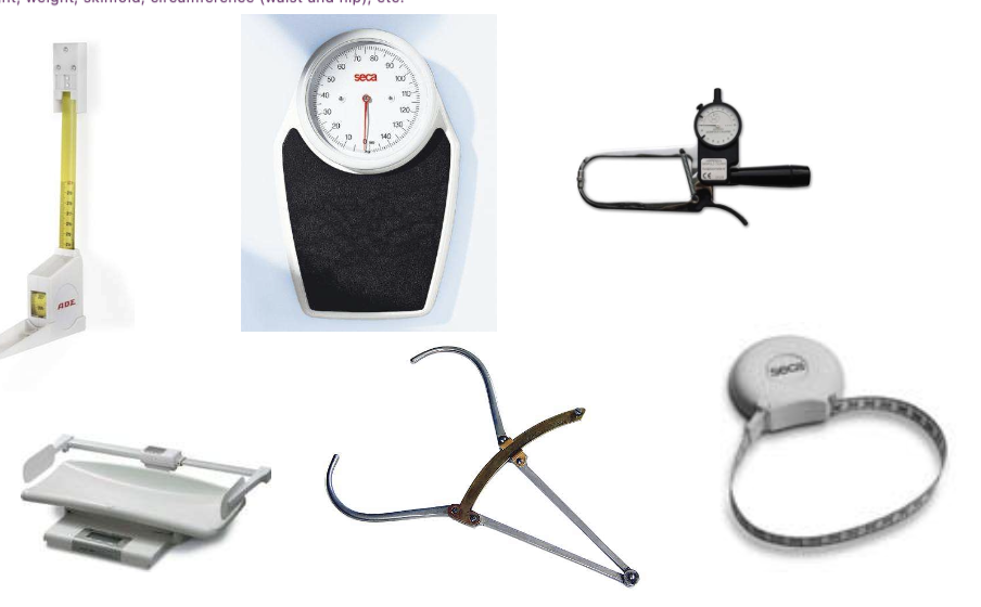 <p>height, weight, skinfold, circumference (waist and hip), etc. Picture → all these are examples of anthropometric and body composition methods.</p>