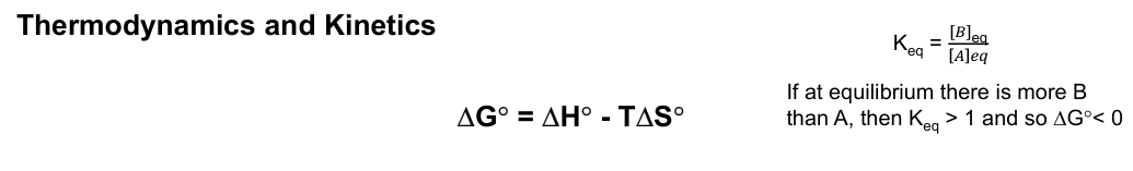 <p>more negative free Gibbs mean the reaction is more favoured to the products, this could when:</p><p>the enthalpy (delta H) is negative (due to the product’s bonds are stronger than the reactant’s, or release of strain)</p><p>Enthalpy is high when forming bonds and low when breaking them</p><p>Or positive entropy (delta S) (more freedom ) this is observed in the reaction formula eg. 1A + 2B → 3C + 2D. 3 → 5, products are prefered in here</p>